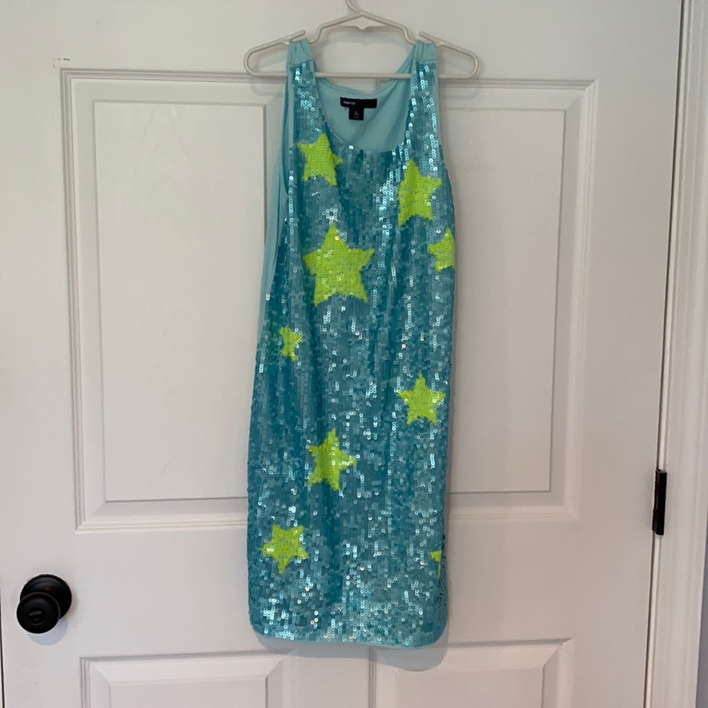 Sequin light blue dress with lime green stars.